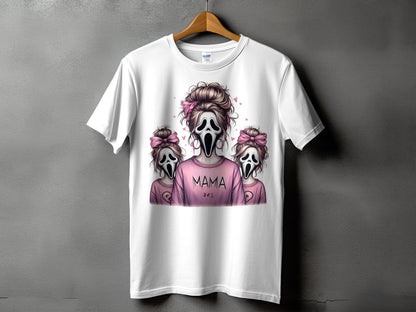 White t-shirt with three ghost characters, two small and one large, wearing pink shirts.
