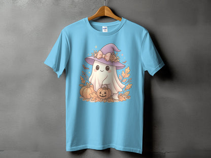 Light blue t-shirt with a cute ghost wearing a witch hat and holding pumpkins.