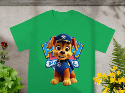 Green t-shirt with Chase from Paw Patrol graphic.