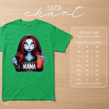 Green t-shirt with spooky cartoon character holding a drink and text "MAMA". Size chart included.