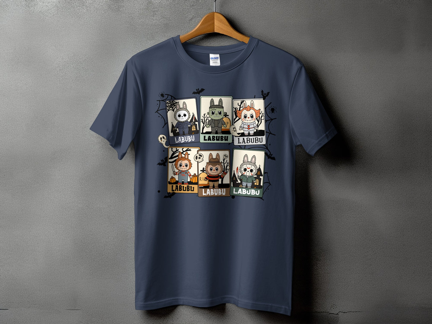 Dark blue t-shirt with six Halloween-themed Labubu character panels.