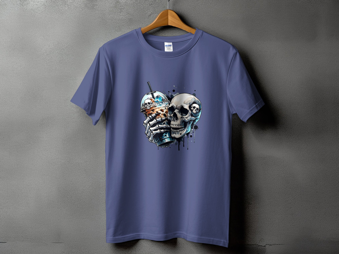 T-shirt with skeleton hand holding a bubble tea and a skull.