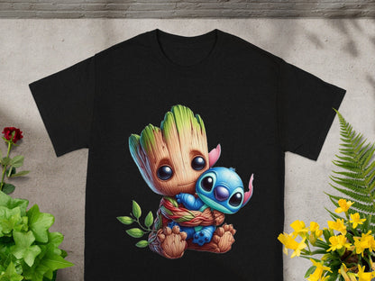 Black t-shirt featuring a Groot and Stitch character illustration.