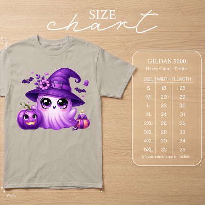 T-shirt size chart with purple ghost, pumpkin, and Halloween graphics.