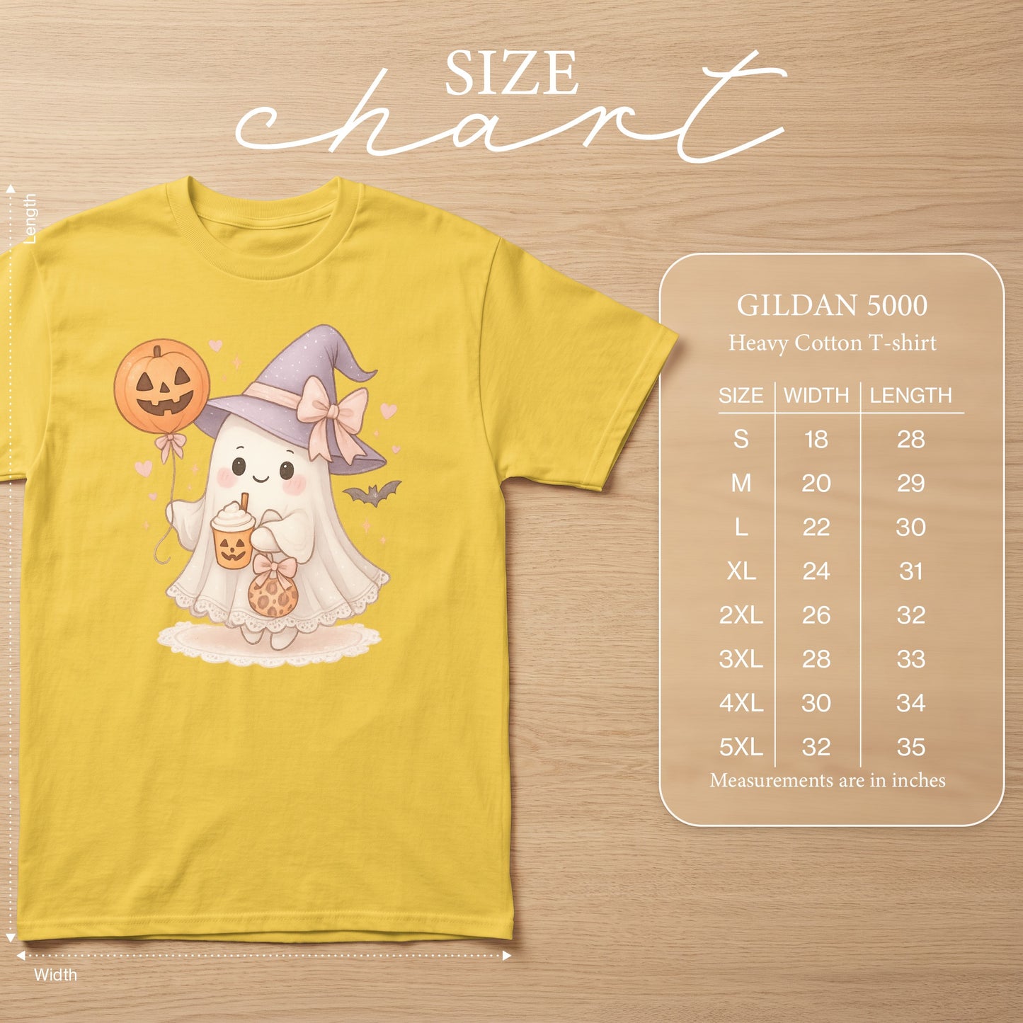 Yellow Gildan 5000 t-shirt with cute ghost graphic and size chart.
