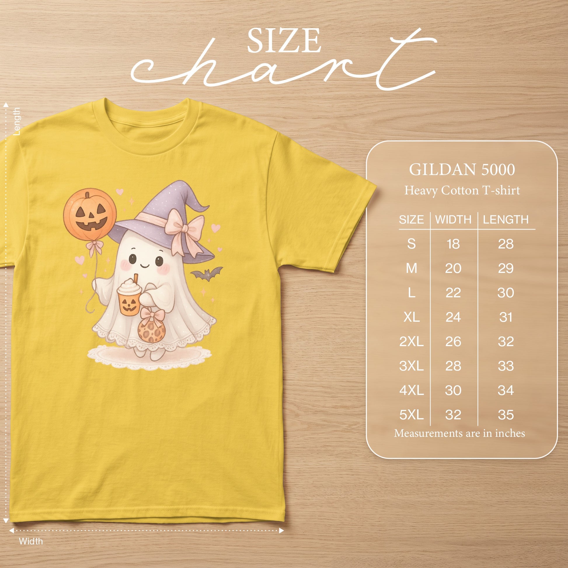Yellow Gildan 5000 t-shirt with cute ghost graphic and size chart.
