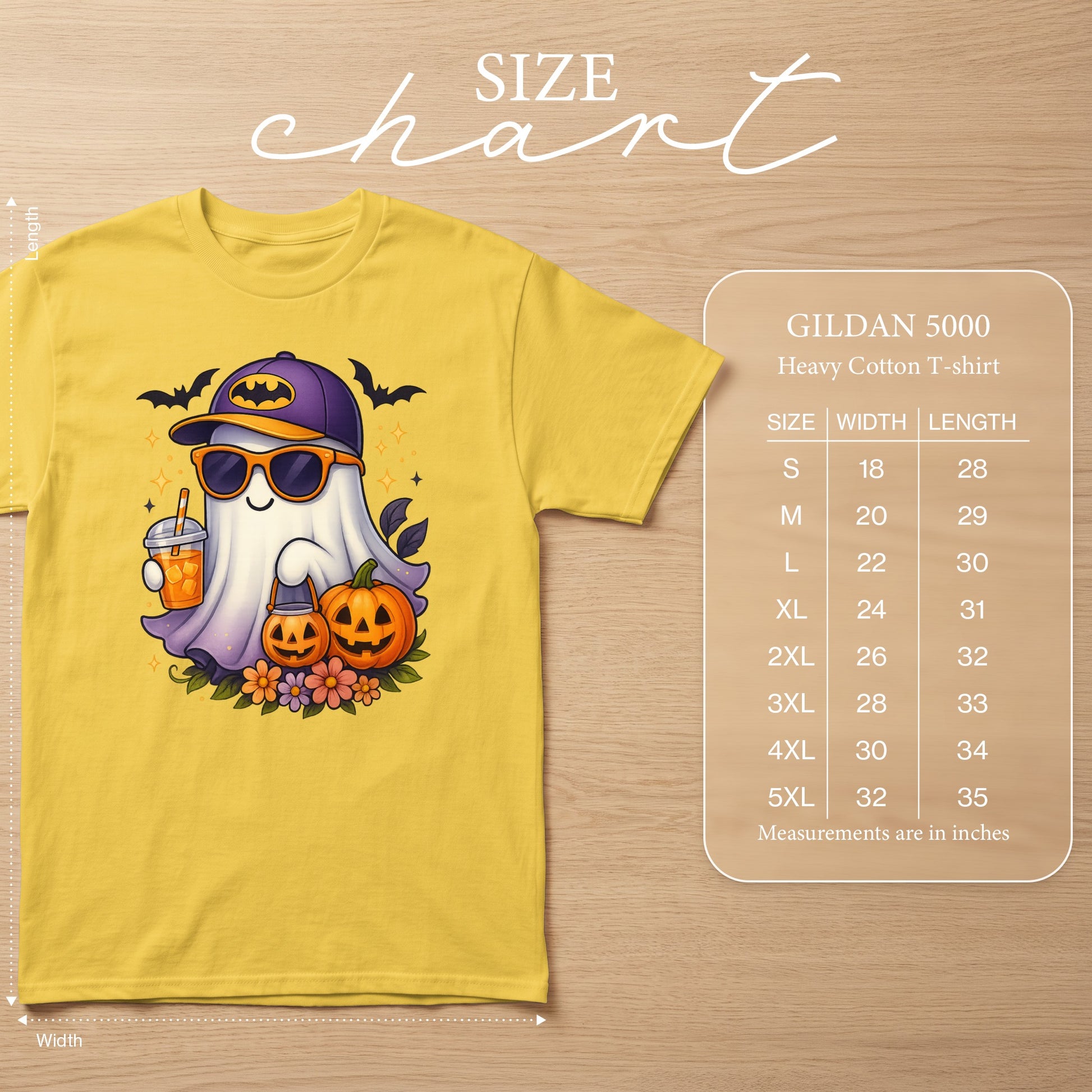 Yellow Gildan 5000 t-shirt with a cartoon ghost graphic and size chart.