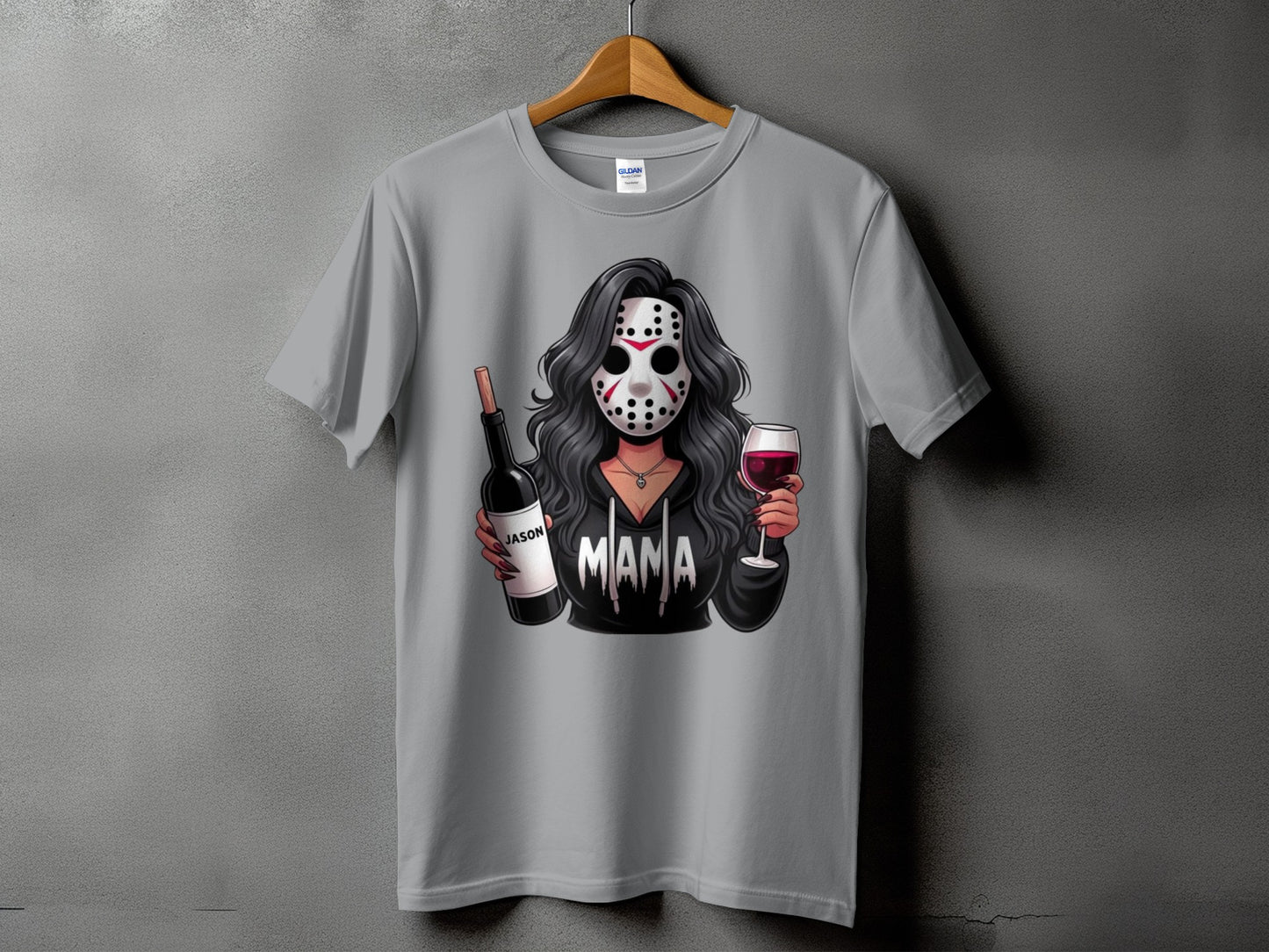 Cartoon woman in Jason mask holds wine bottle labeled "Jason" and glass.