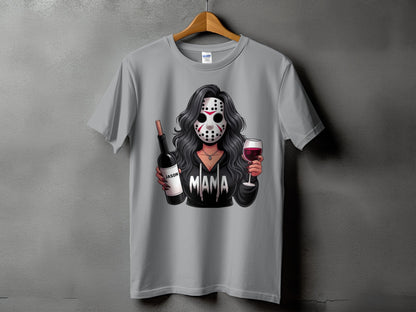 Cartoon woman in Jason mask holds wine bottle labeled "Jason" and glass.