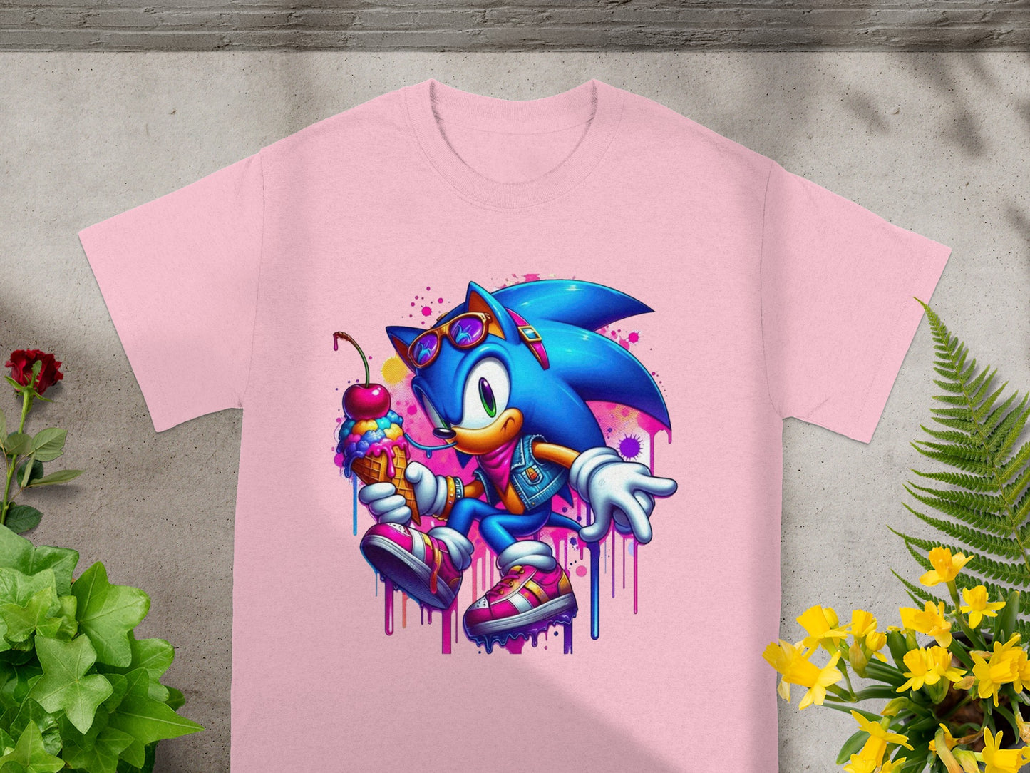 Pink t-shirt with Sonic the Hedgehog holding an ice cream cone.
