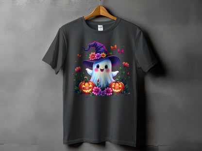 Dark grey t-shirt with a cute ghost wearing a witch hat and surrounded by pumpkins and flowers.