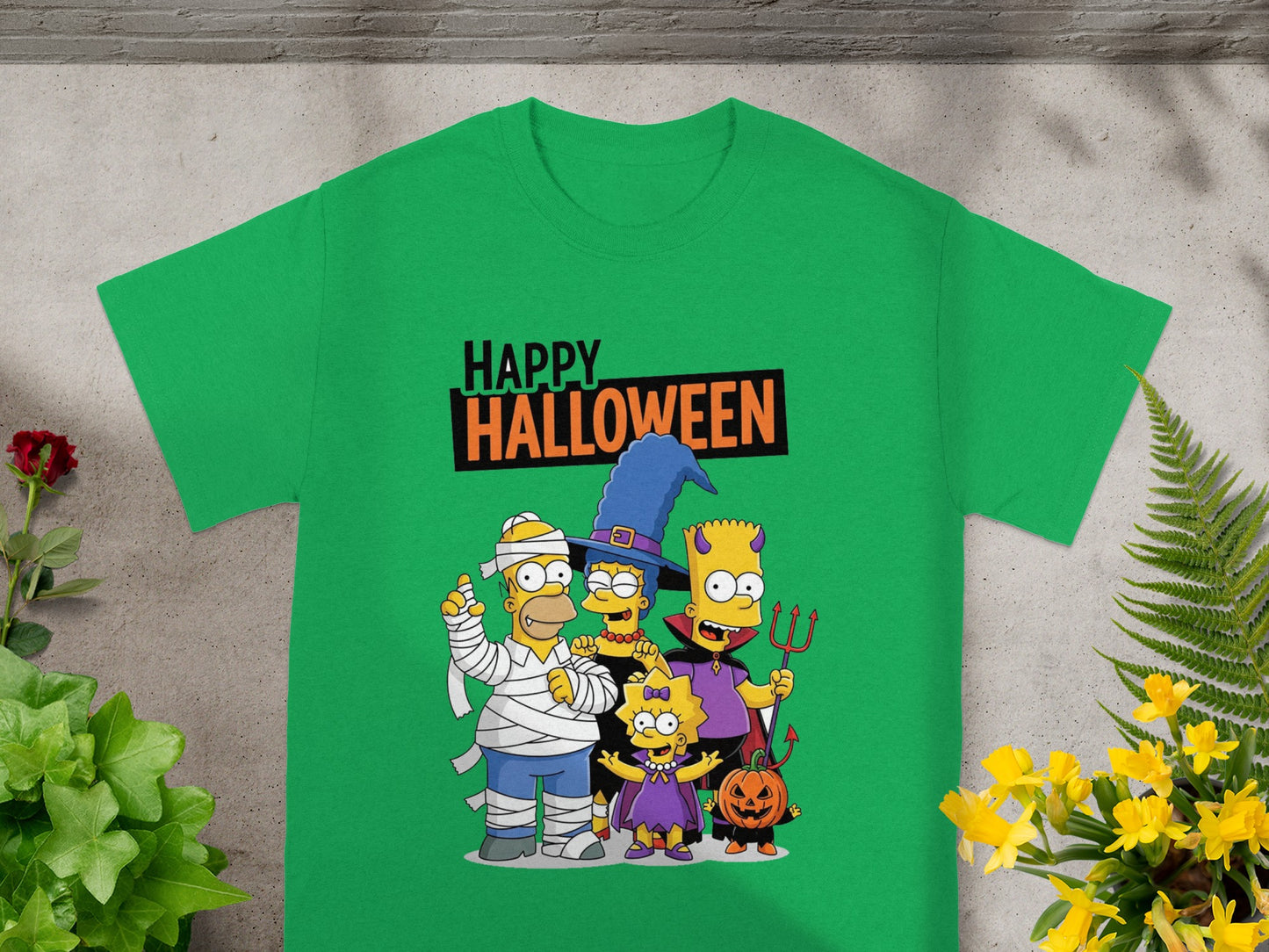 The Simpsons Halloween characters, with text "Happy Halloween" on a green shirt.