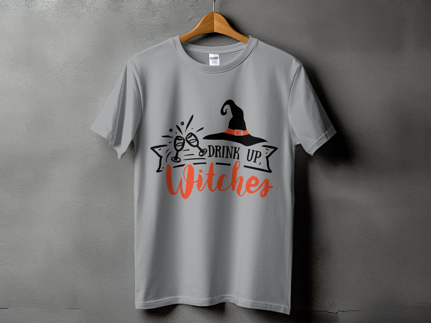 Grey t-shirt with "Drink Up, Witches" Halloween graphic.
