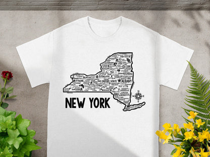 New York State Map Cities Typography T-shirt
