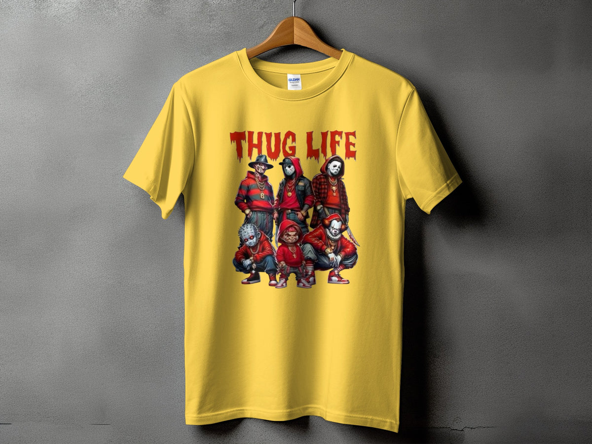 Yellow t-shirt with "THUG LIFE" text and horror characters.