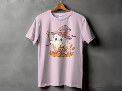 Pink t-shirt with a ghost wearing a witch hat, holding a pumpkin and wand.