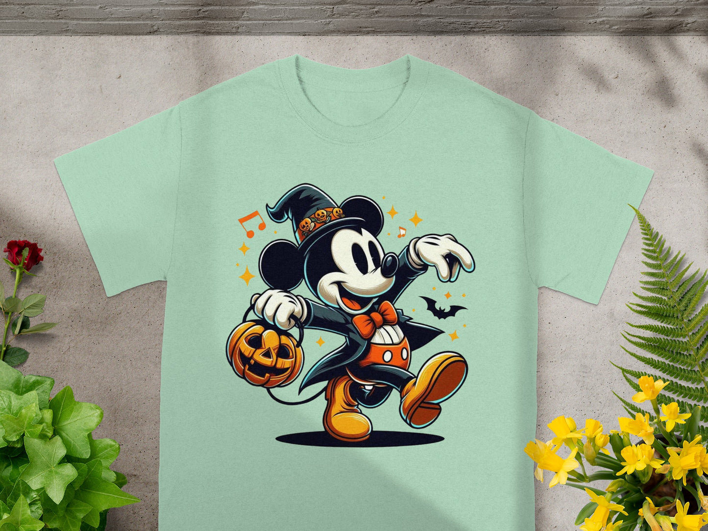 Mickey Mouse in a witch hat carries a pumpkin while trick-or-treating.