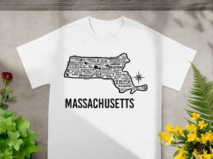 Massachusetts Cities Map T-Shirt with State Outline