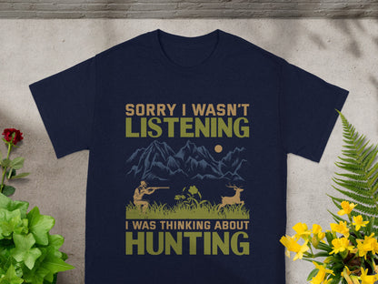 Navy t-shirt with text and a hunting scene graphic.