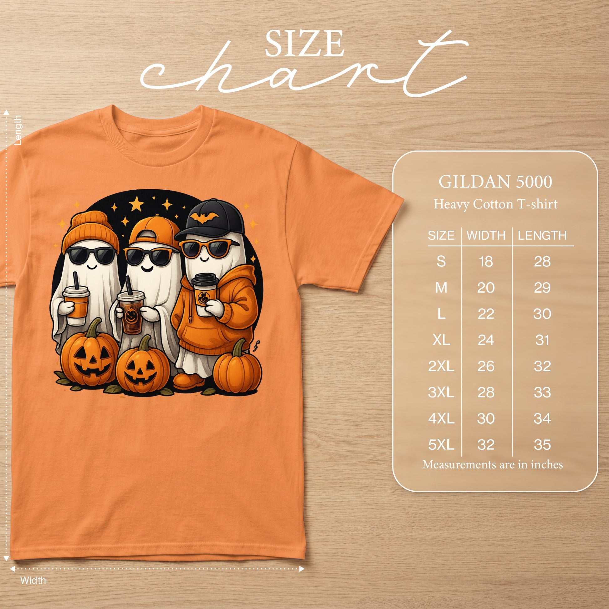 Orange t-shirt with cartoon ghosts holding coffee cups and pumpkins. Includes size chart.