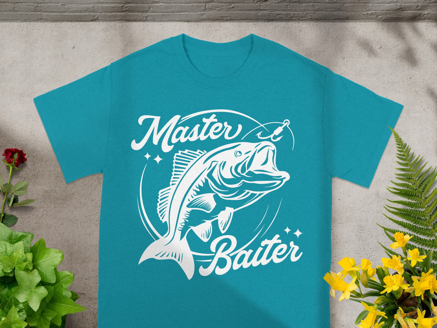 Teal t-shirt with white graphic featuring a leaping fish and "Master Baiter" text.