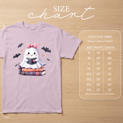 Gildan 5000 Heavy Cotton T-shirt with ghost reading books graphic and size chart.