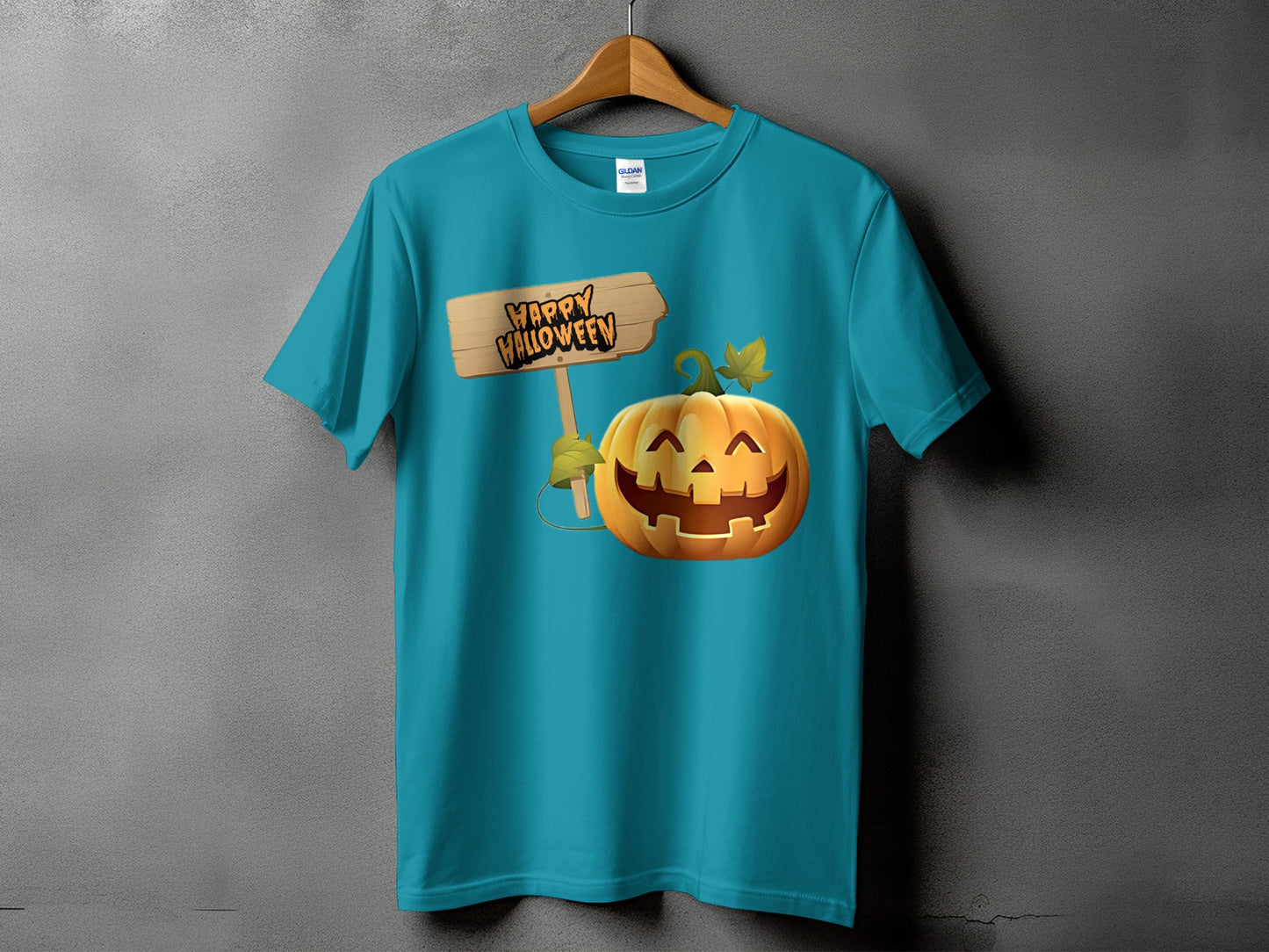 Teal t-shirt with a happy jack-o'-lantern holding a "Happy Halloween" sign.