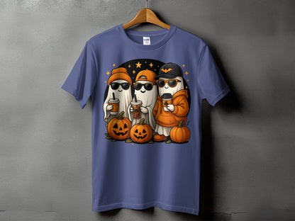 Three cartoon ghosts with sunglasses and drinks stand with pumpkins.