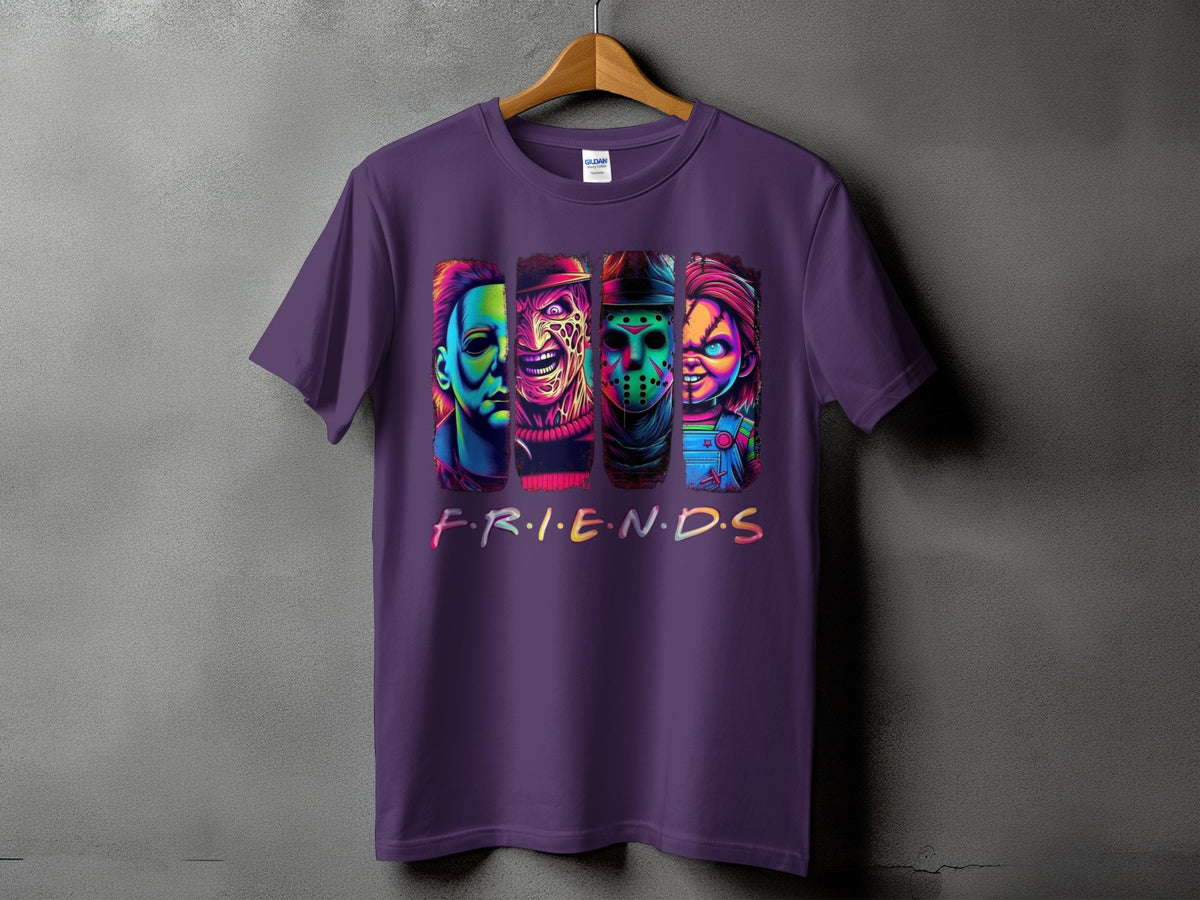 Purple t-shirt featuring four horror characters and "FRIENDS" text.