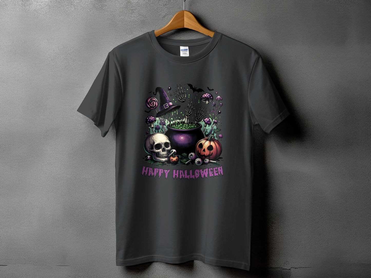 Dark gray t-shirt with Halloween graphic featuring cauldron, skull, pumpkin, and bats.
