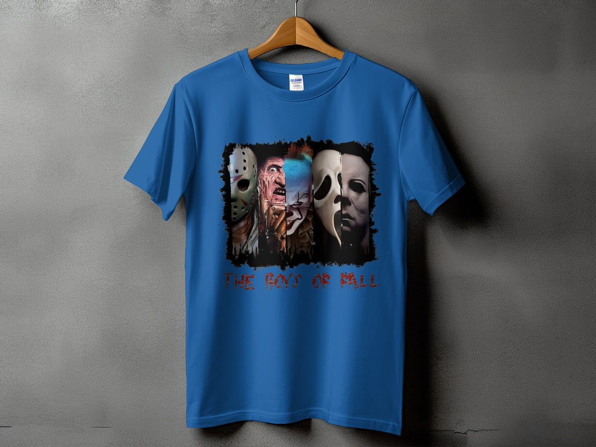 Blue t-shirt with graphic of horror movie villains and text "The Boys of Fall".