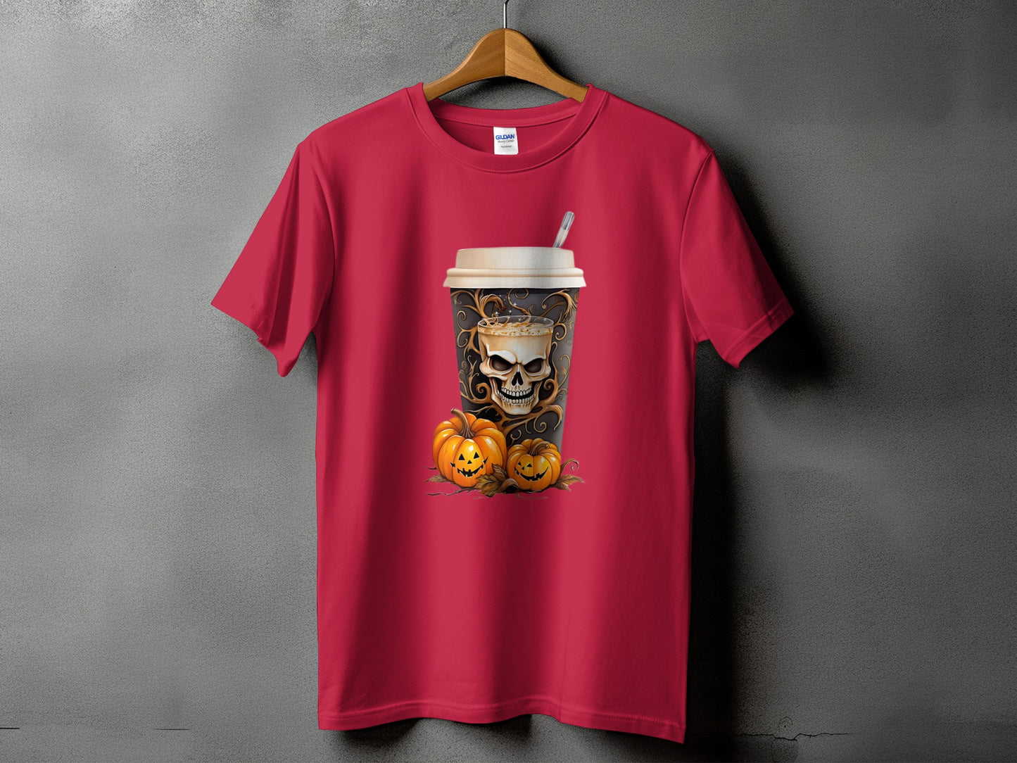 Crimson t-shirt with Halloween skull coffee cup and pumpkins design.