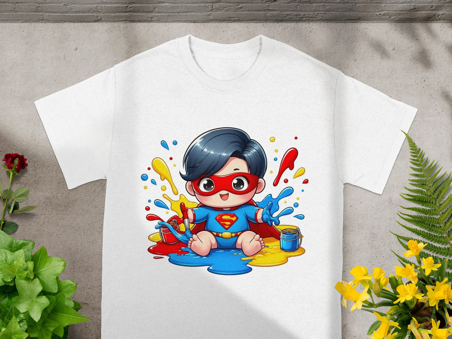 Cute cartoon superhero baby sitting in colorful paint splatters.