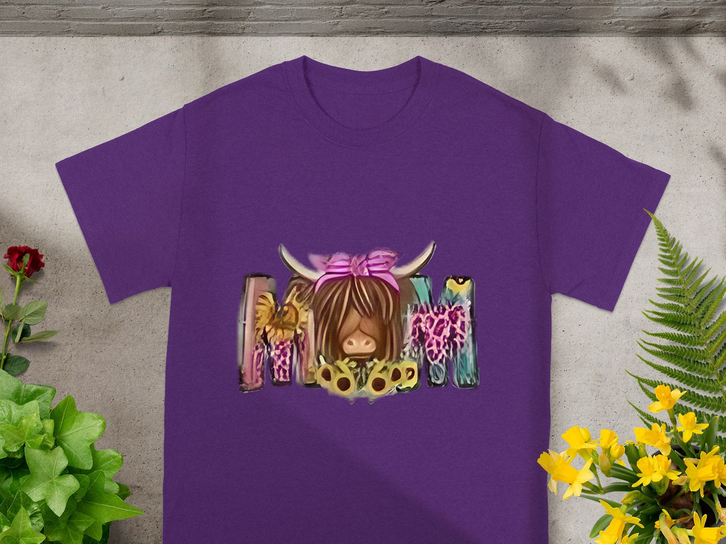 Cute Purple T-shirt with Cow and Flowers Design