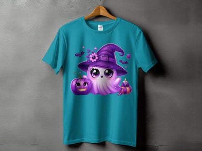Turquoise t-shirt with a purple ghost, pumpkin, and bats Halloween graphic.