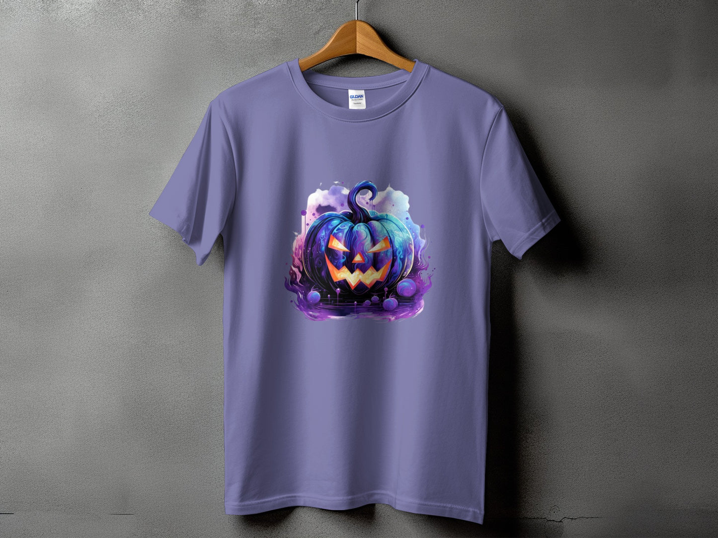 Purple t-shirt with a spooky, colorful jack-o-lantern graphic.