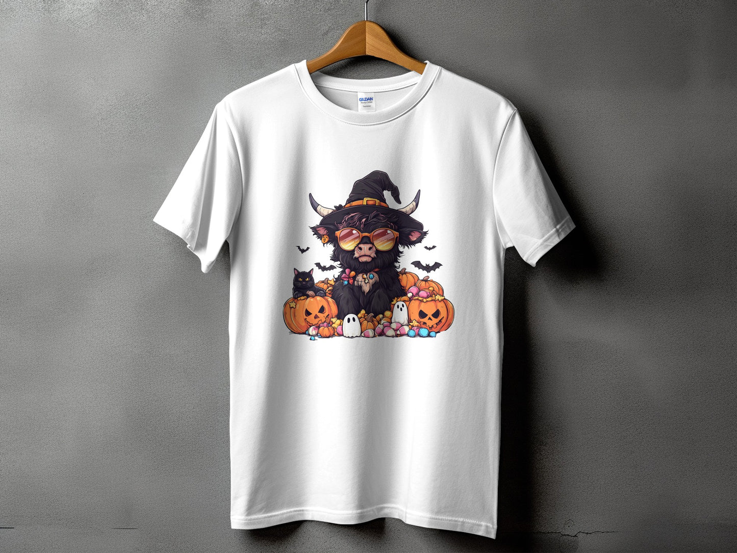 Highland cow in witch hat and sunglasses with pumpkins, ghosts, and black cat.