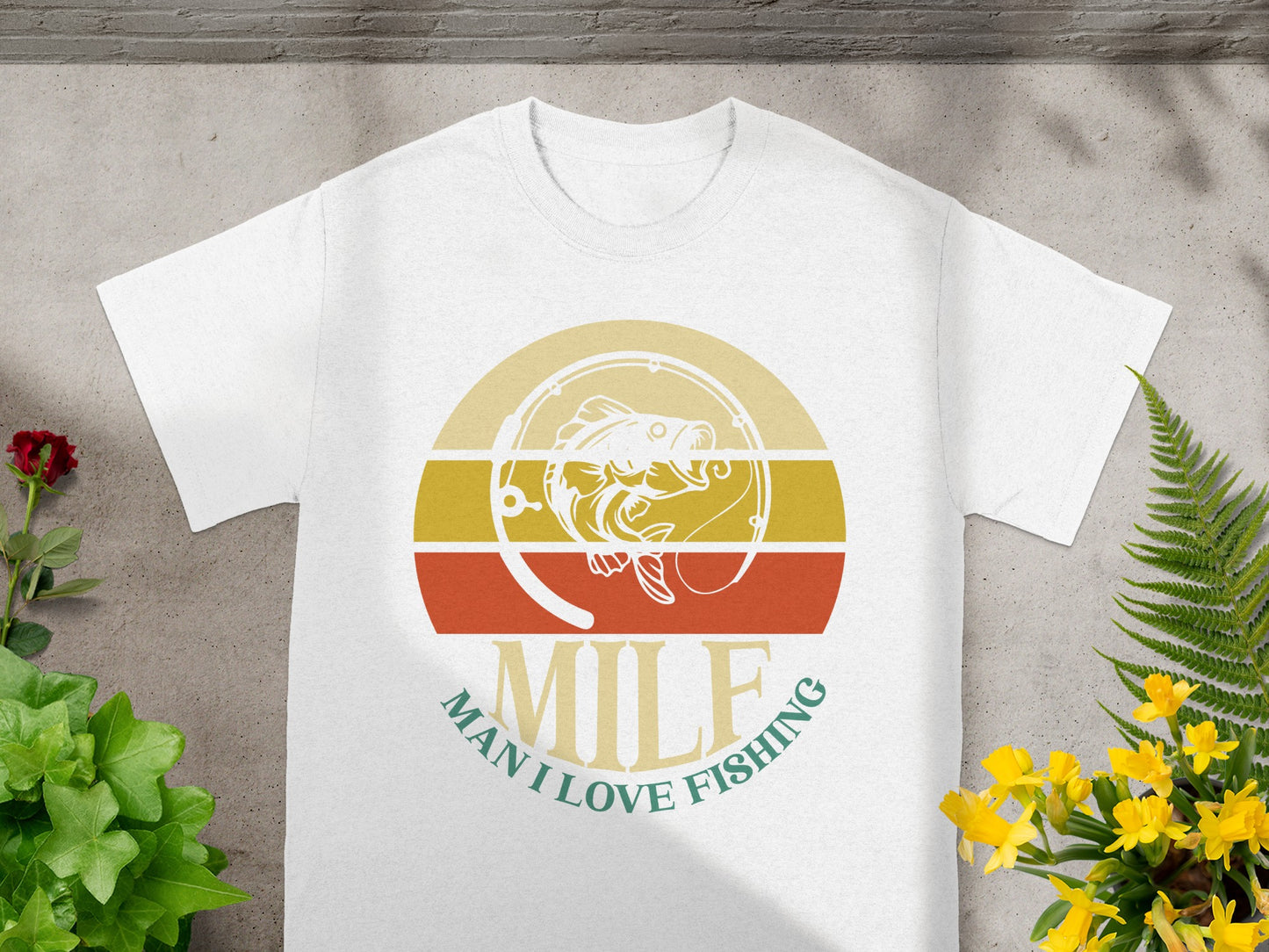 White t-shirt with a graphic of a fish and the text "MILF MAN I LOVE FISHING."