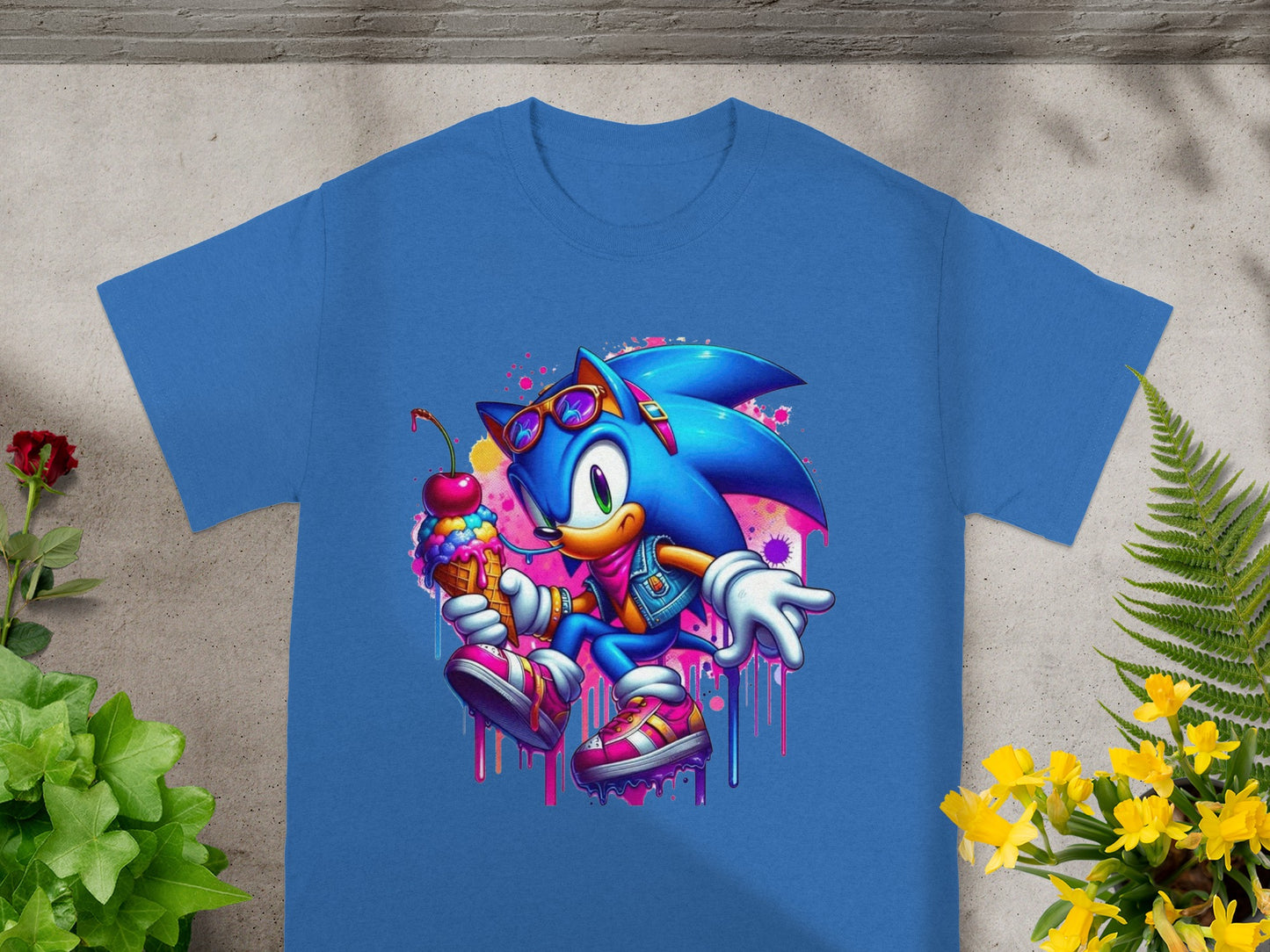 Sonic the Hedgehog with sunglasses holding an ice cream cone.