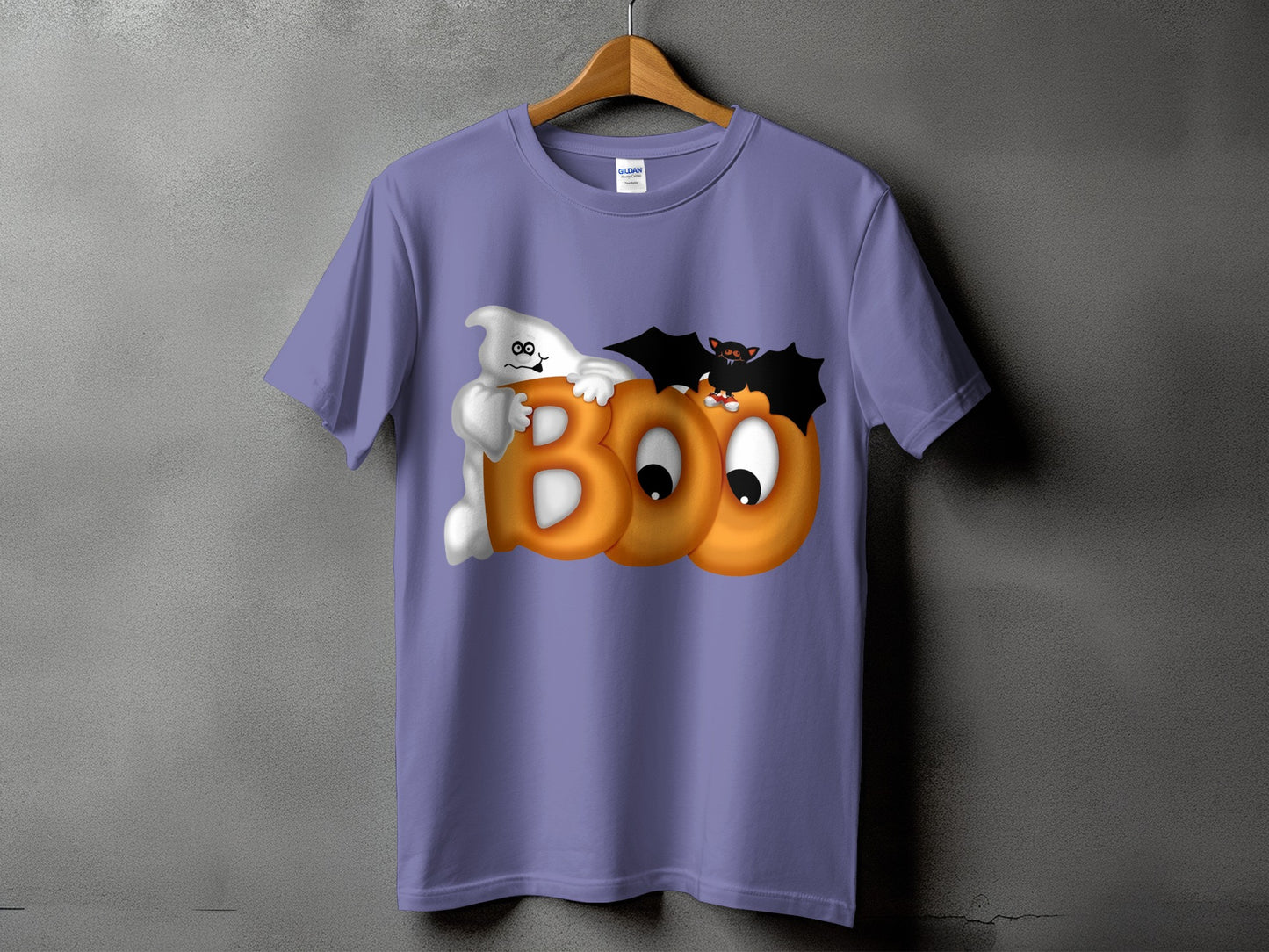 Purple t-shirt with a ghost and bat on the word "BOO."