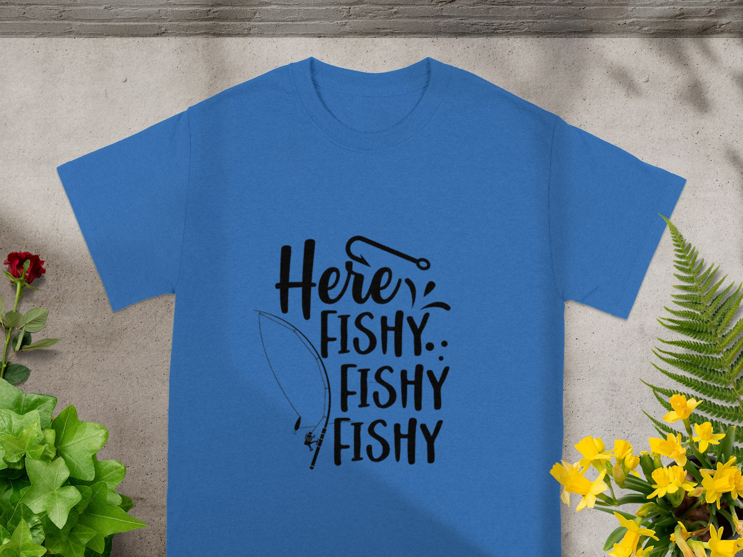 Here Fishy Fishy Fishy Blue T-shirt for Fishing Enthusiasts