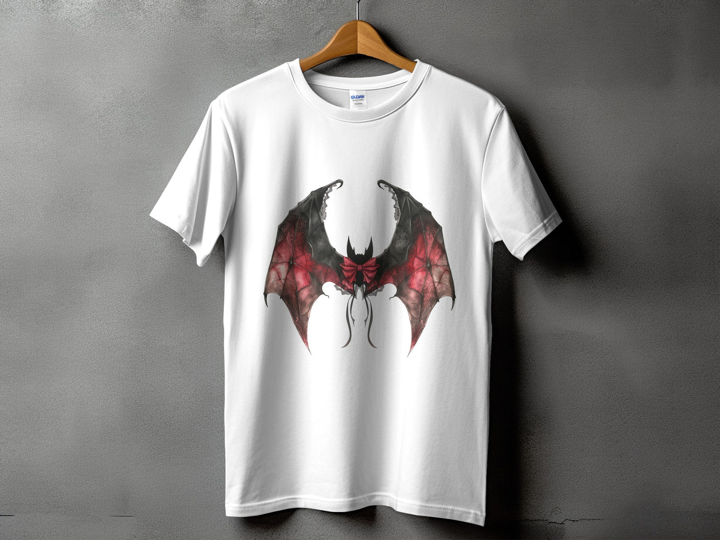 White t-shirt with a gothic bat wing design featuring red accents and a black bow.