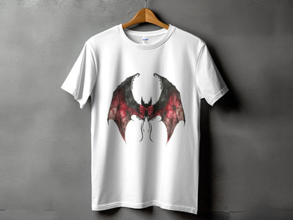 White t-shirt with a gothic bat wing design featuring red accents and a black bow.
