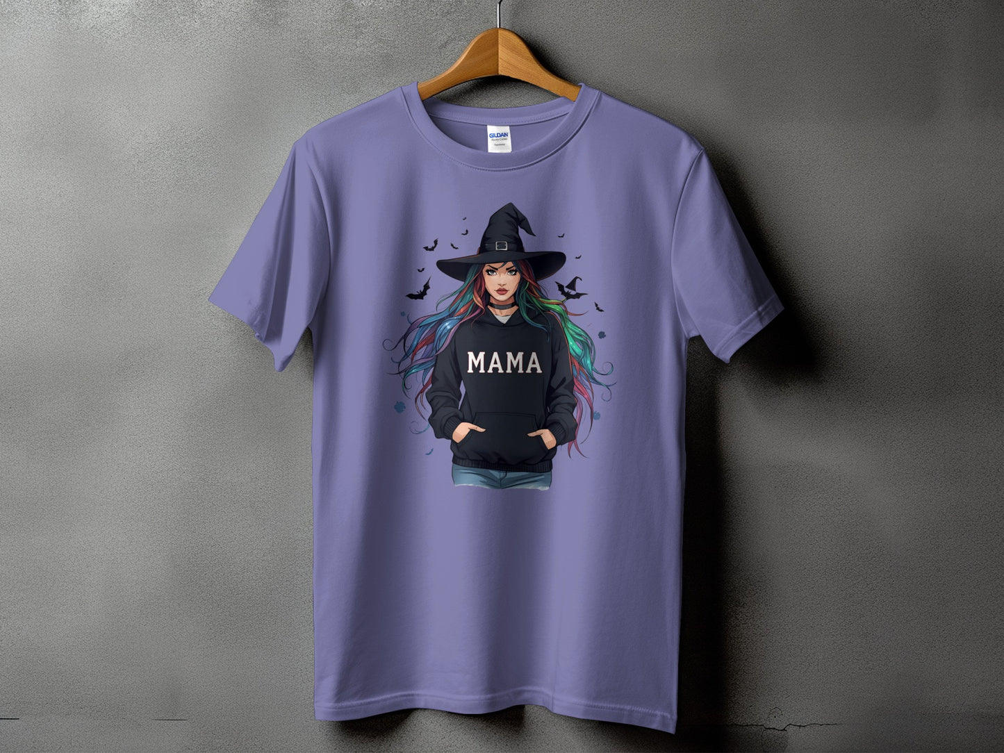 Purple t-shirt with witch graphic and "MAMA" text on black hoodie.