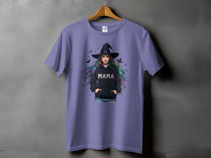 Purple t-shirt with witch graphic and "MAMA" text on black hoodie.