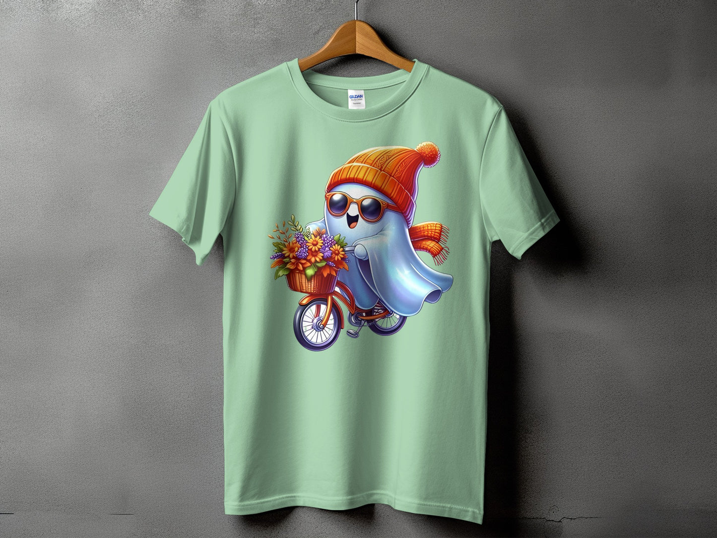 Ghost wearing hat and scarf riding bicycle with flowers.