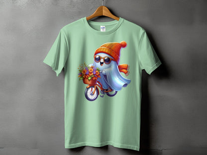 Ghost wearing hat and scarf riding bicycle with flowers.
