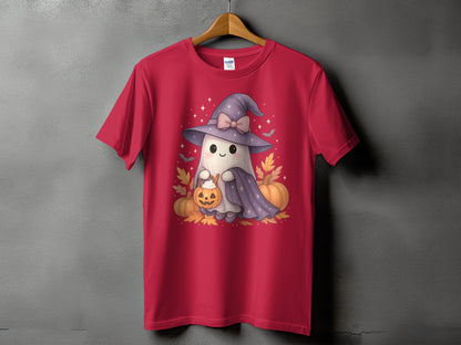 Red t-shirt with cute ghost wearing witch hat, holding pumpkin, with pumpkins and leaves.