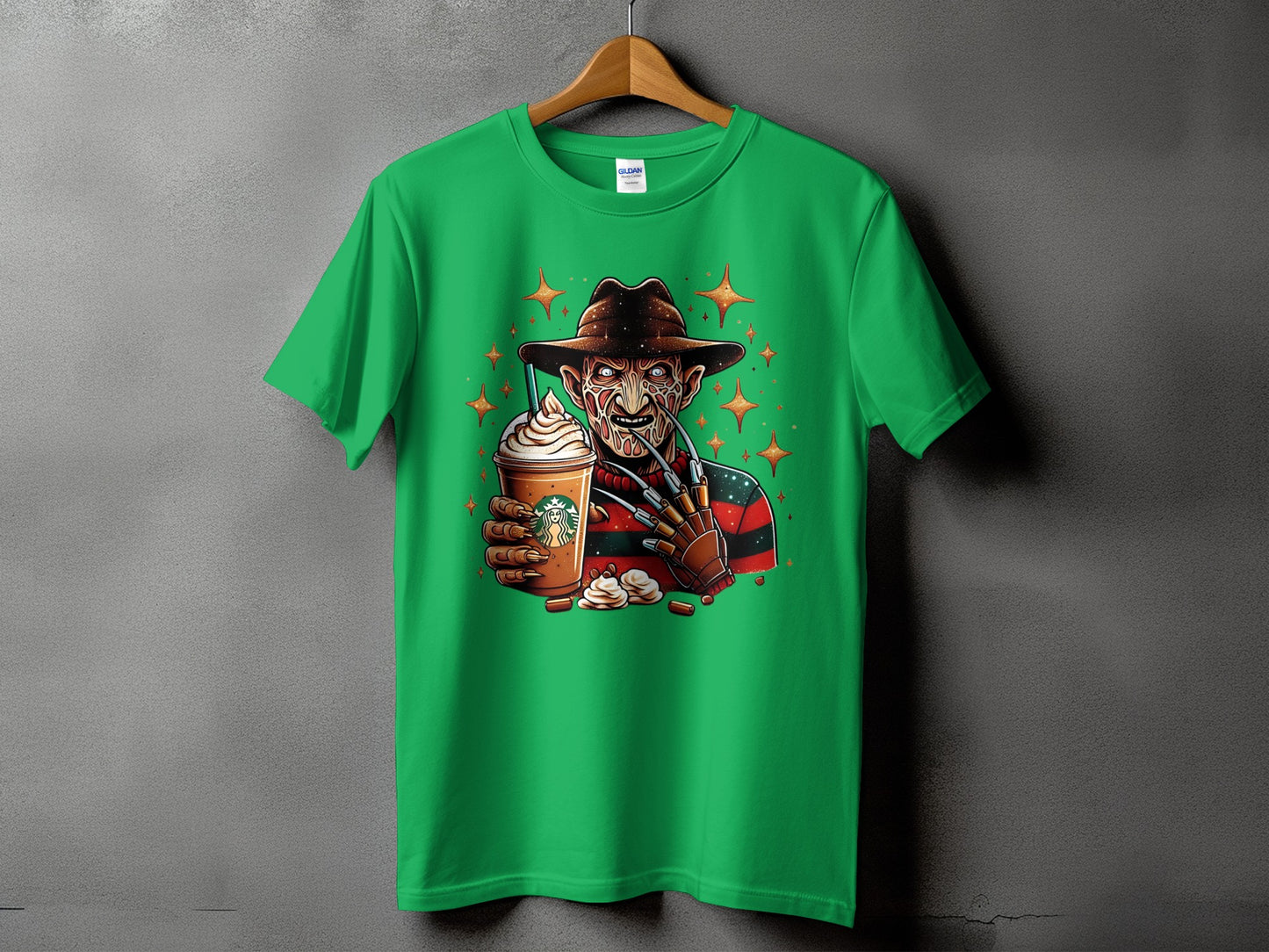 Green t-shirt with Freddy Krueger holding a Starbucks Frappuccino.