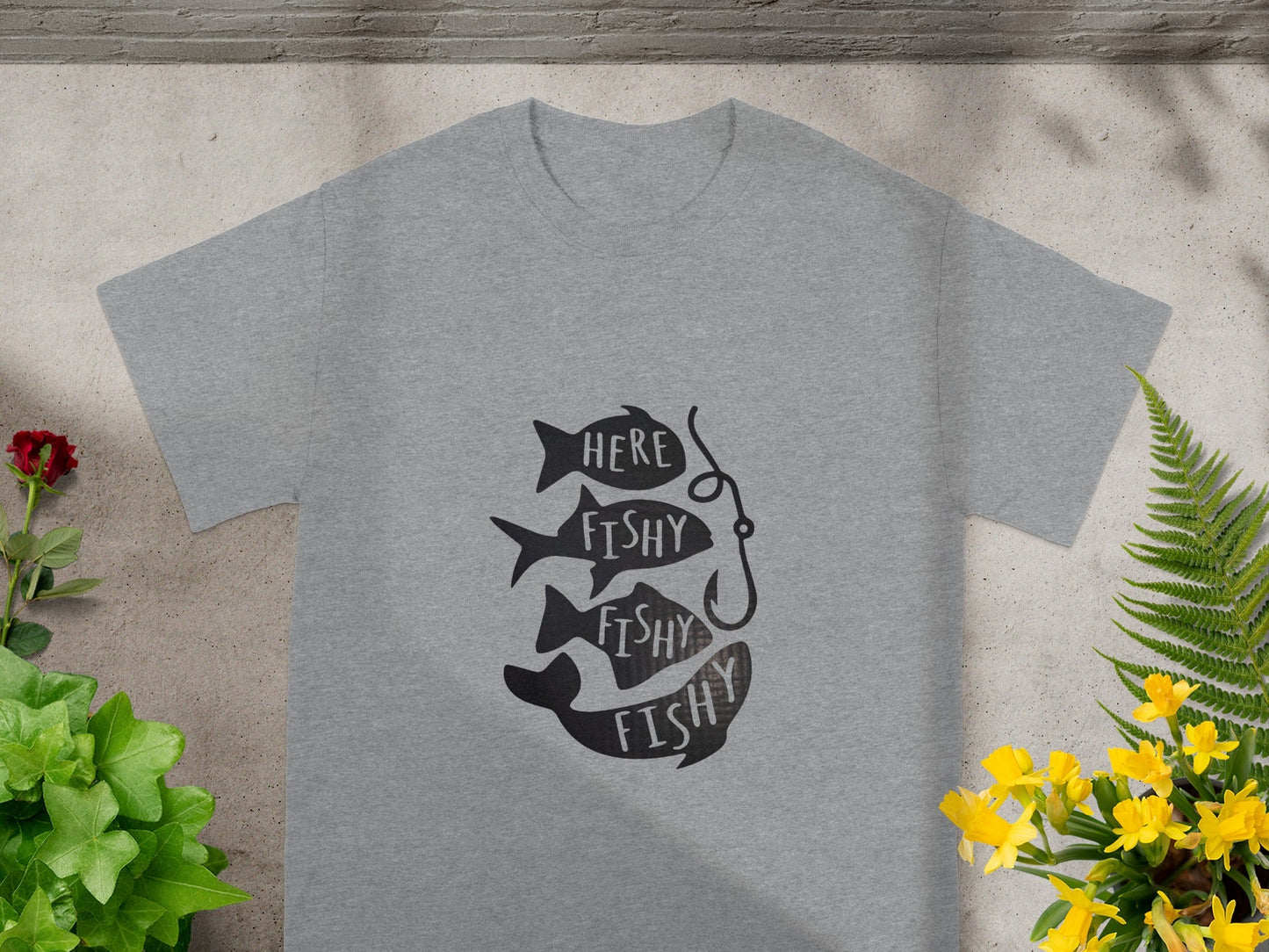 Here Fishy Fishy Fishy Fishing Hook Graphic T-Shirt